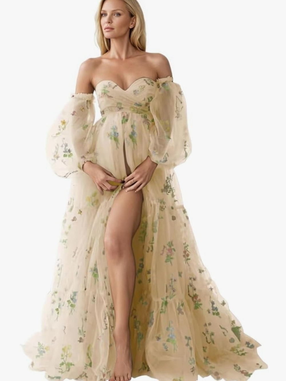 Sheer Floral Off-Shoulder Maternity Dress in Cream